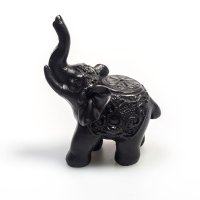 Elefant aus Polyresin, dunkel, Rüssel hoch, ca. 7,5 cm hoch