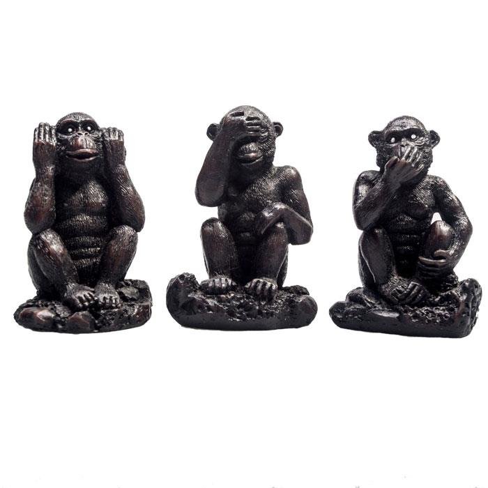 3 Affen der Weisheit aus Polyresin, einzeln, dunkel, ca. 7,5 cm