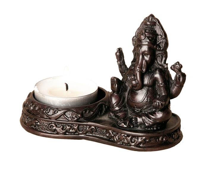 Teelichthalter mit Ganesha, Polyresin, dunkel, 10 x7 cm